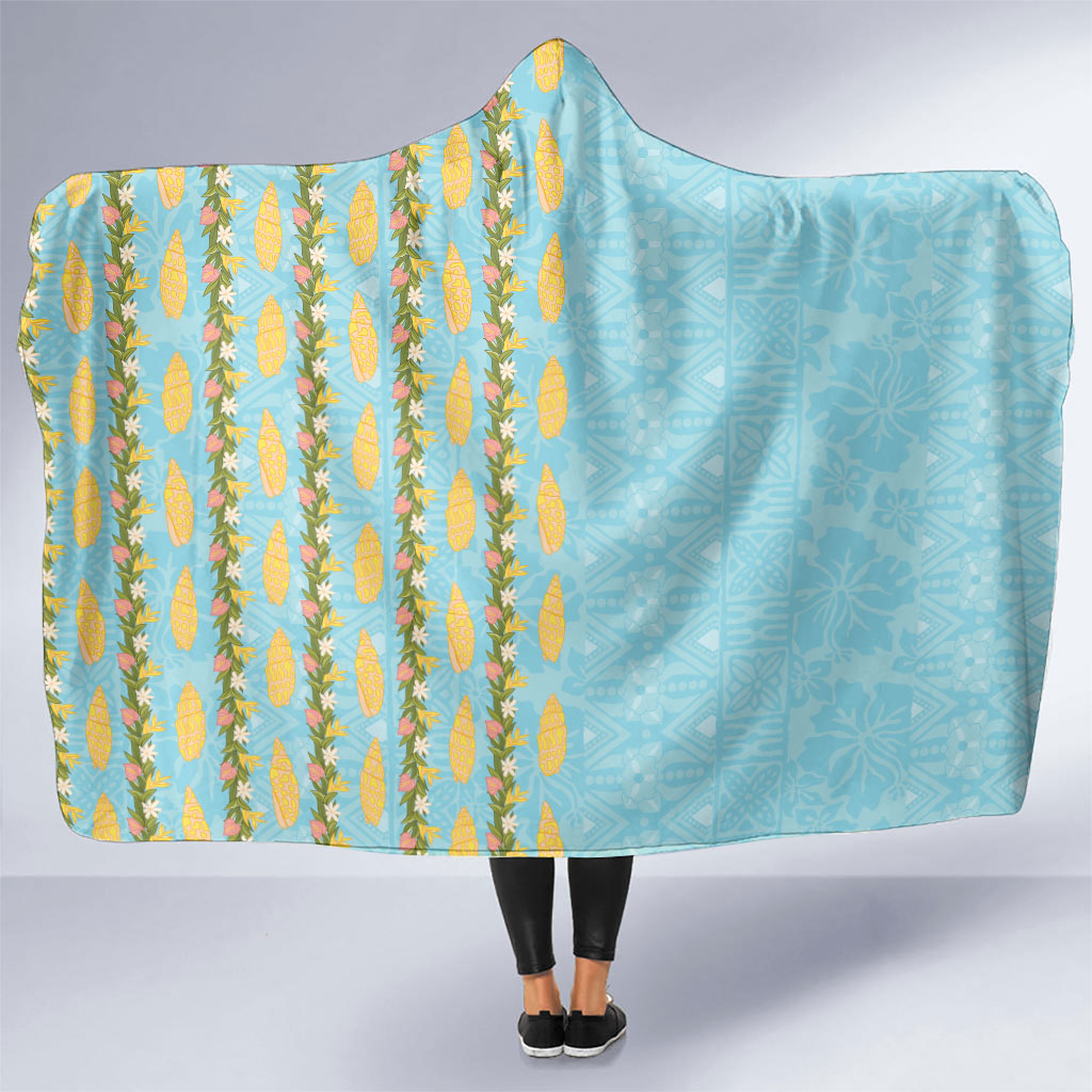 Hawaii Shell Tiare Anthurium Heliconia Lei Hooded Blanket With Tapa Pattern Baby Blue LT05 One Size Blue - Polynesian Pride