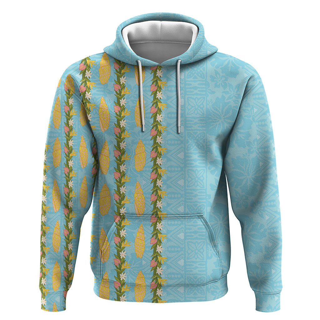 Hawaii Shell Tiare Anthurium Heliconia Lei Hoodie With Tapa Pattern Baby Blue LT05 Pullover Hoodie Blue - Polynesian Pride
