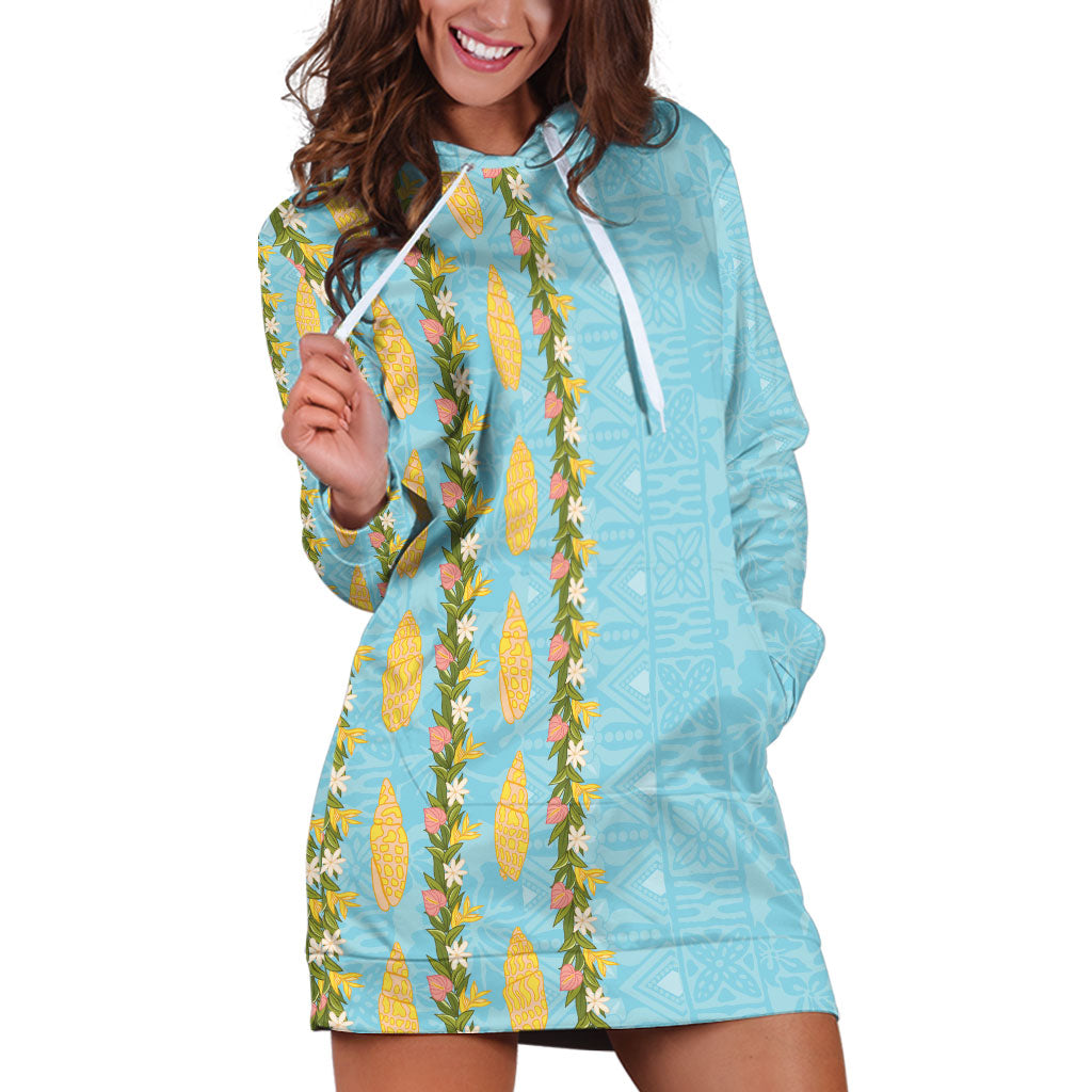 Hawaii Shell Tiare Anthurium Heliconia Lei Hoodie Dress With Tapa Pattern Baby Blue LT05 Blue - Polynesian Pride