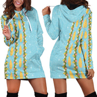 Hawaii Shell Tiare Anthurium Heliconia Lei Hoodie Dress With Tapa Pattern Baby Blue