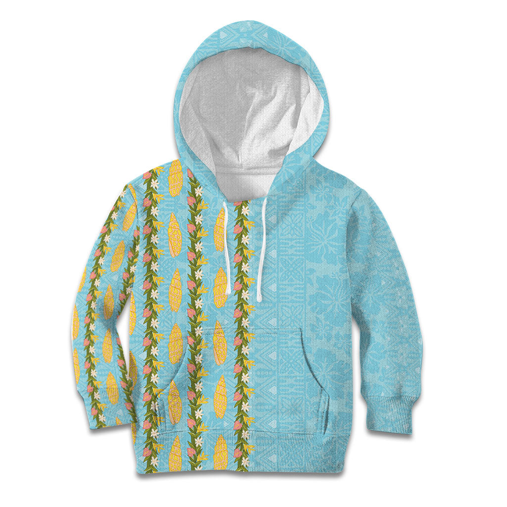 Hawaii Shell Tiare Anthurium Heliconia Lei Kid Hoodie With Tapa Pattern Baby Blue LT05 Hoodie Blue - Polynesian Pride