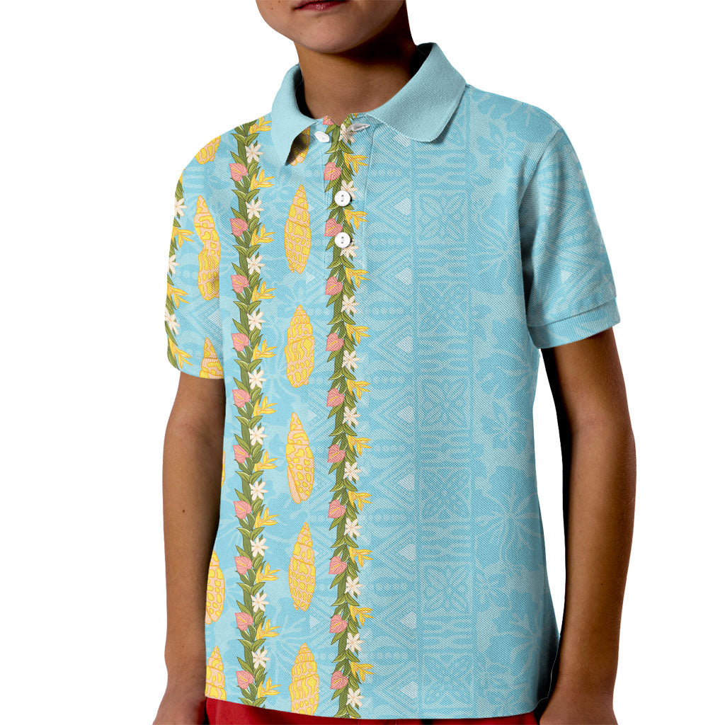 Hawaii Shell Tiare Anthurium Heliconia Lei Kid Polo Shirt With Tapa Pattern Baby Blue LT05 Kid Blue - Polynesian Pride