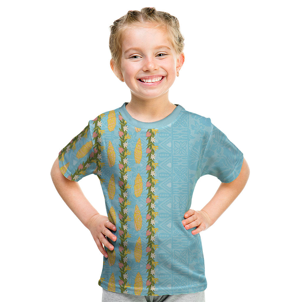 Hawaii Shell Tiare Anthurium Heliconia Lei Kid T Shirt With Tapa Pattern Baby Blue LT05 Blue - Polynesian Pride