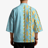 Hawaii Shell Tiare Anthurium Heliconia Lei Kimono With Tapa Pattern Baby Blue