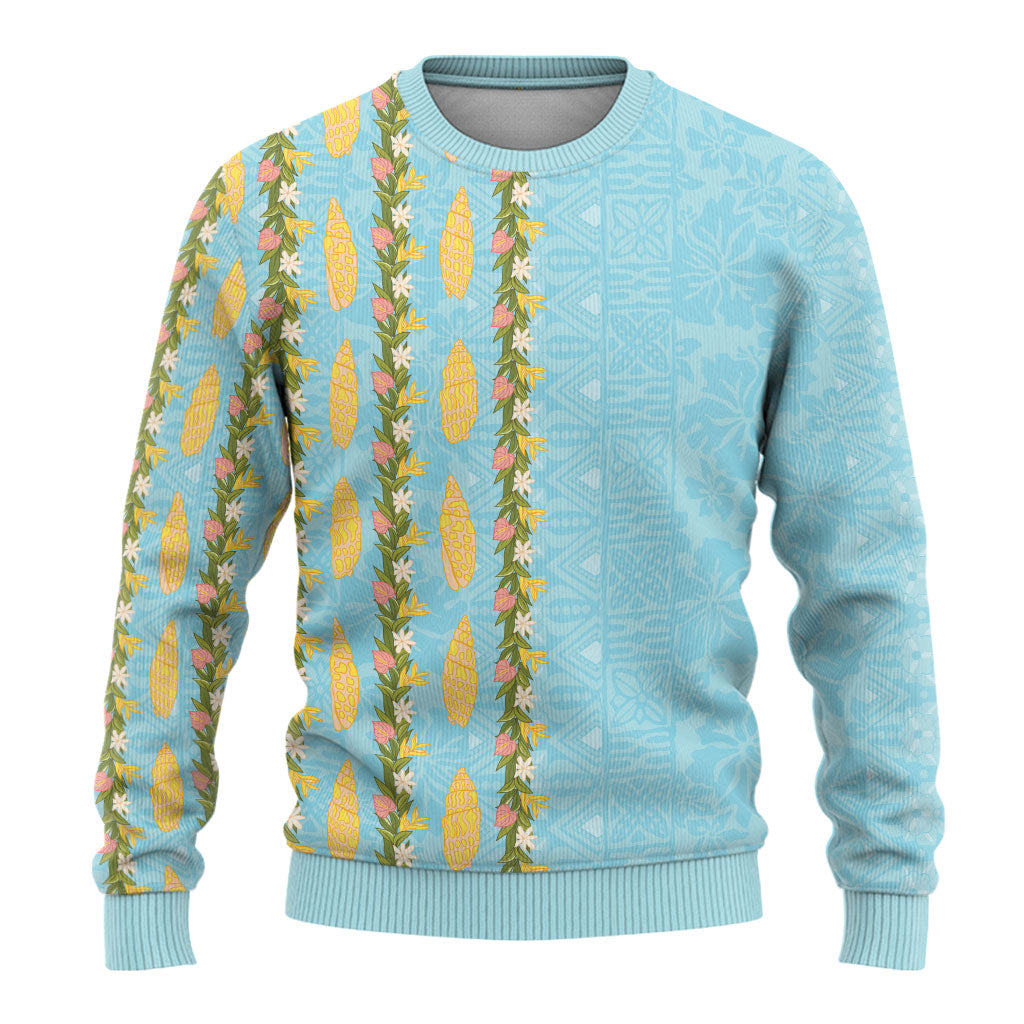 Hawaii Shell Tiare Anthurium Heliconia Lei Ugly Christmas Sweater With Tapa Pattern Baby Blue LT05 - Polynesian Pride