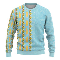 Hawaii Shell Tiare Anthurium Heliconia Lei Ugly Christmas Sweater With Tapa Pattern Baby Blue LT05 - Polynesian Pride