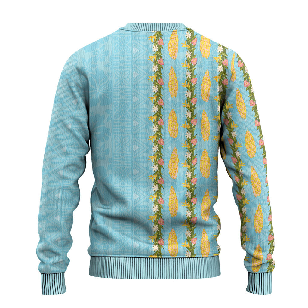 Hawaii Shell Tiare Anthurium Heliconia Lei Ugly Christmas Sweater With Tapa Pattern Baby Blue LT05 - Polynesian Pride