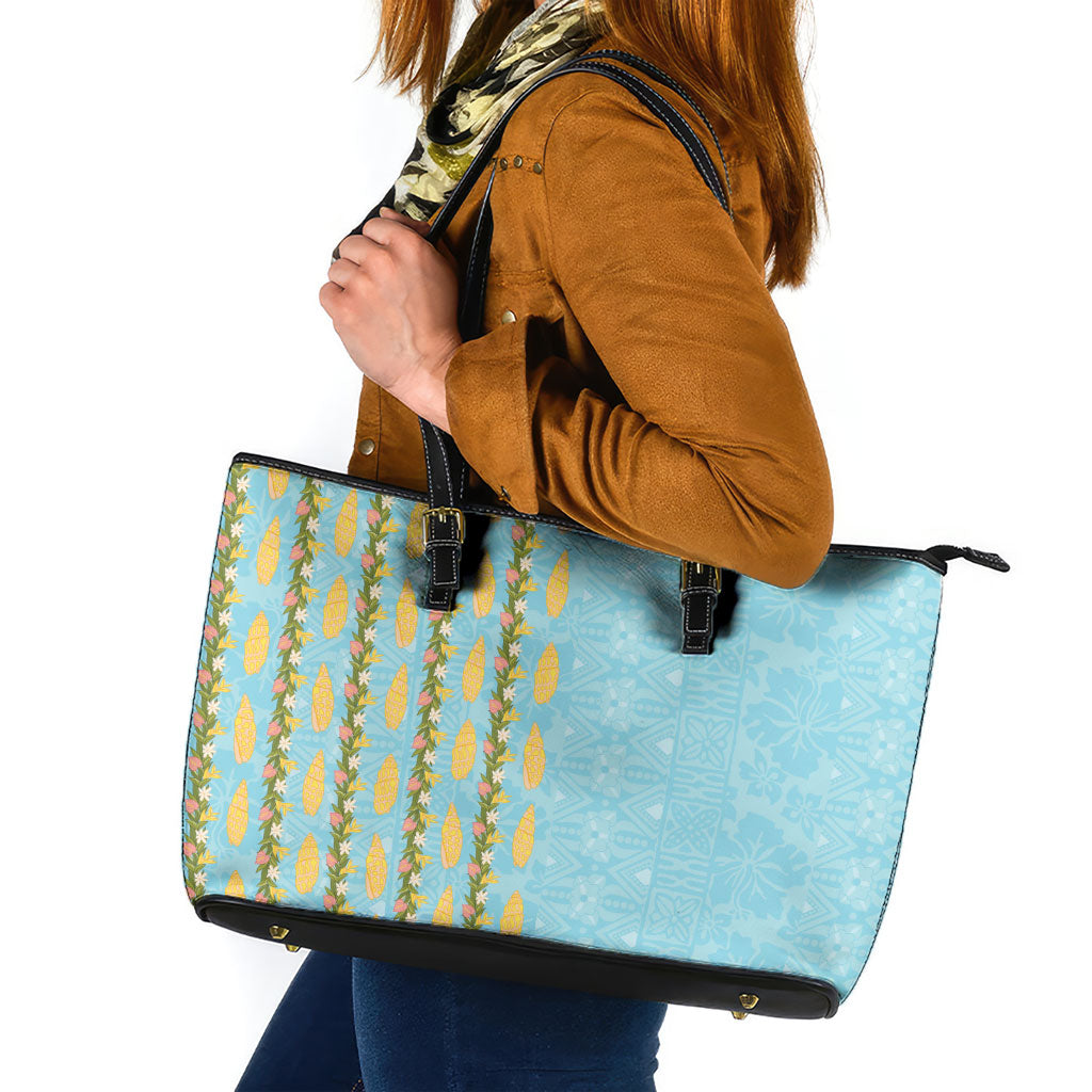 Hawaii Shell Tiare Anthurium Heliconia Lei Leather Tote Bag With Tapa Pattern Baby Blue LT05 Blue - Polynesian Pride