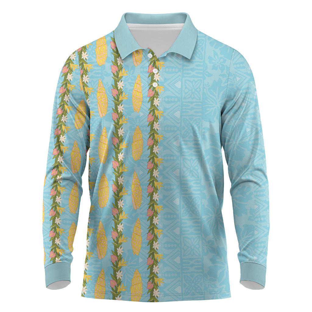 Hawaii Shell Tiare Anthurium Heliconia Lei Long Sleeve Polo Shirt With Tapa Pattern Baby Blue LT05 Blue - Polynesian Pride