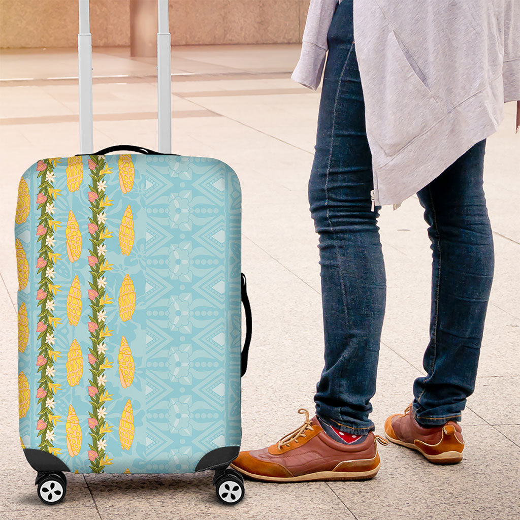 Hawaii Shell Tiare Anthurium Heliconia Lei Luggage Cover With Tapa Pattern Baby Blue LT05 Blue - Polynesian Pride
