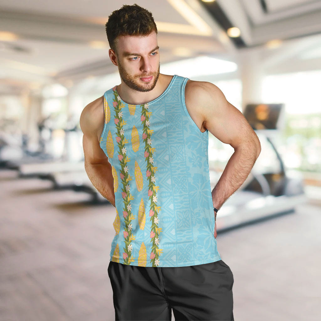 Hawaii Shell Tiare Anthurium Heliconia Lei Men Tank Top With Tapa Pattern Baby Blue LT05 Blue - Polynesian Pride