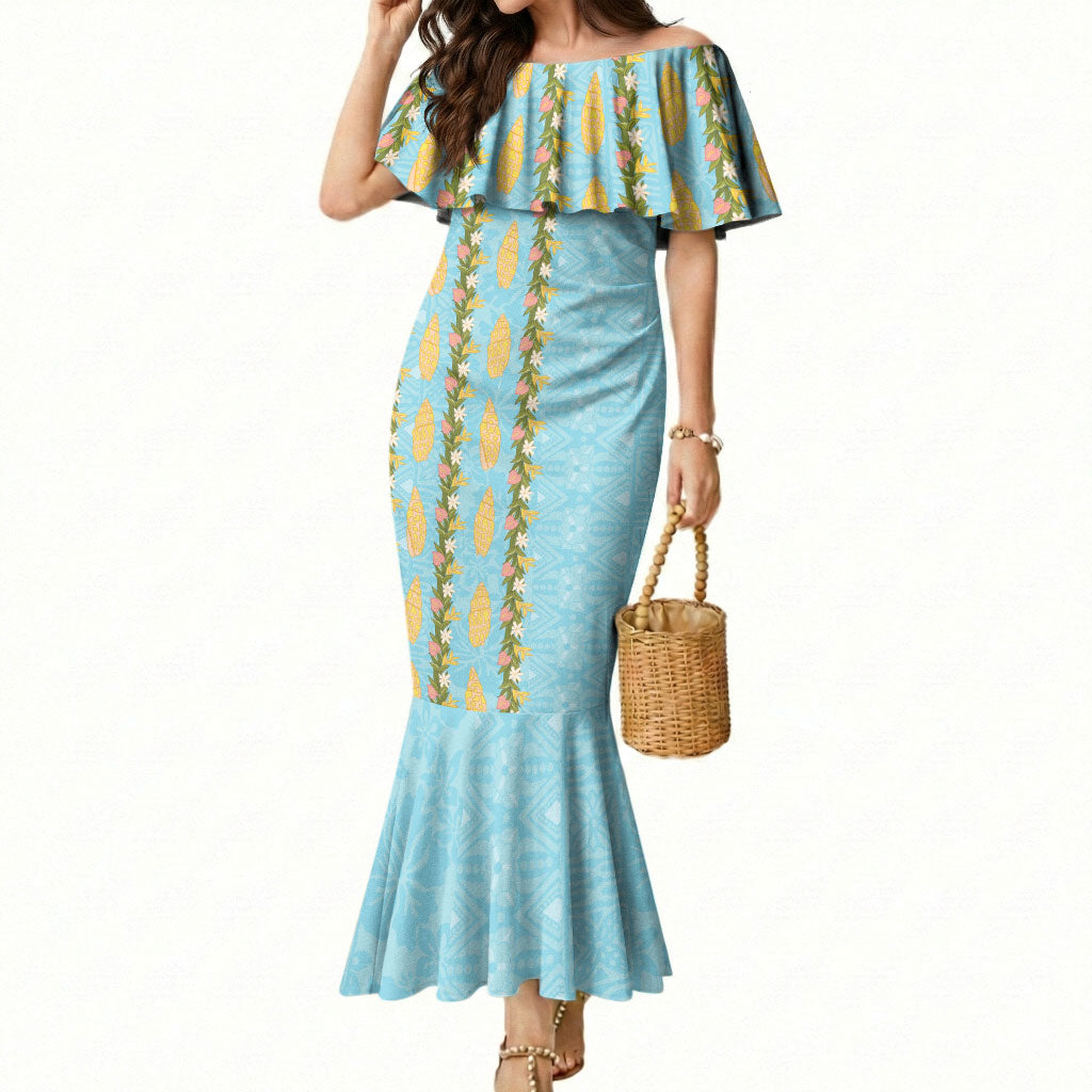 Hawaii Shell Tiare Anthurium Heliconia Lei Mermaid Dress With Tapa Pattern Baby Blue LT05 Women Blue - Polynesian Pride