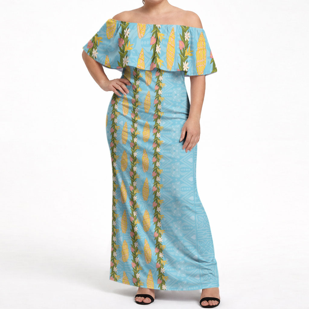 Hawaii Shell Tiare Anthurium Heliconia Lei Off Shoulder Maxi Dress With Tapa Pattern Baby Blue LT05 Women Blue - Polynesian Pride