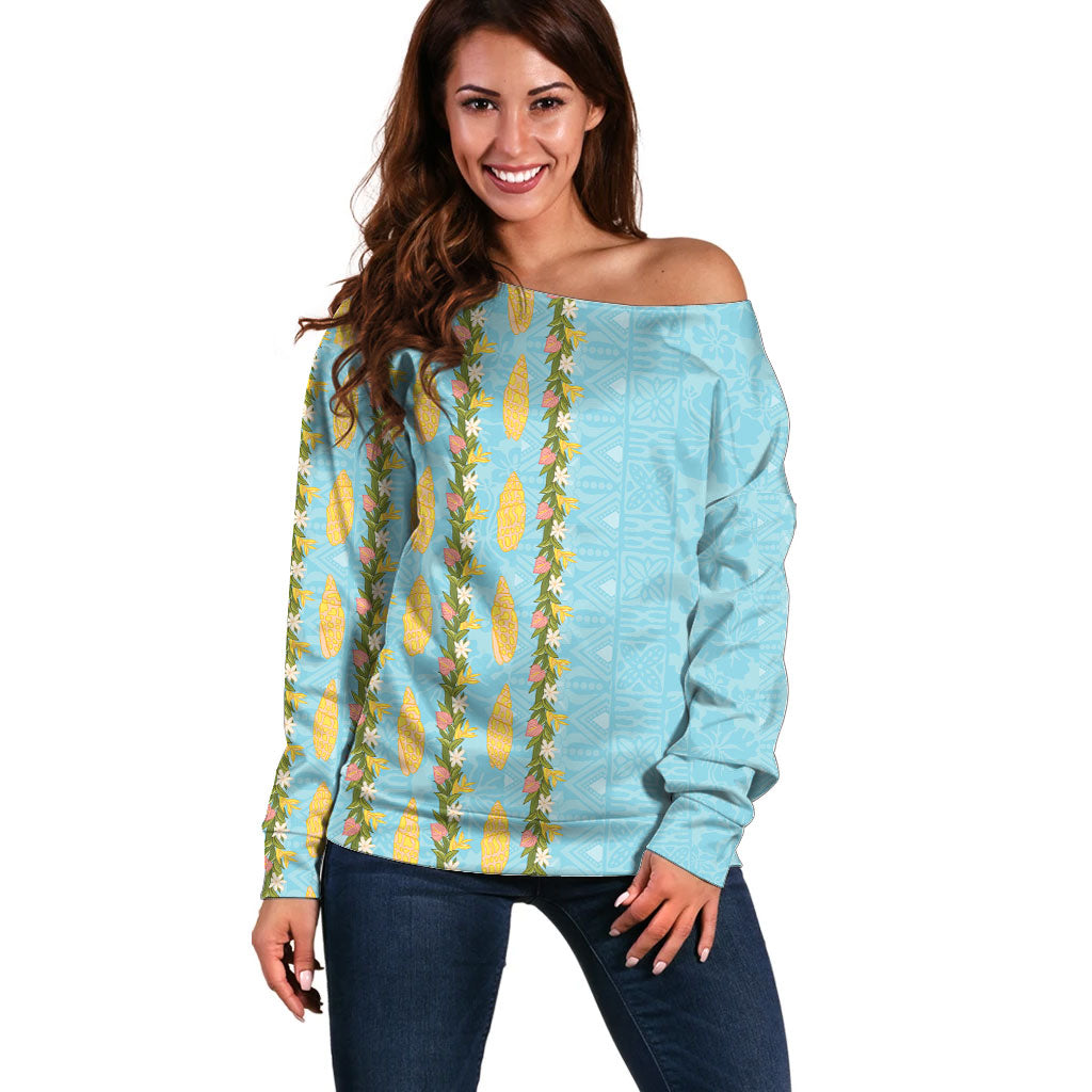 Hawaii Shell Tiare Anthurium Heliconia Lei Off Shoulder Sweater With Tapa Pattern Baby Blue LT05 Women Blue - Polynesian Pride