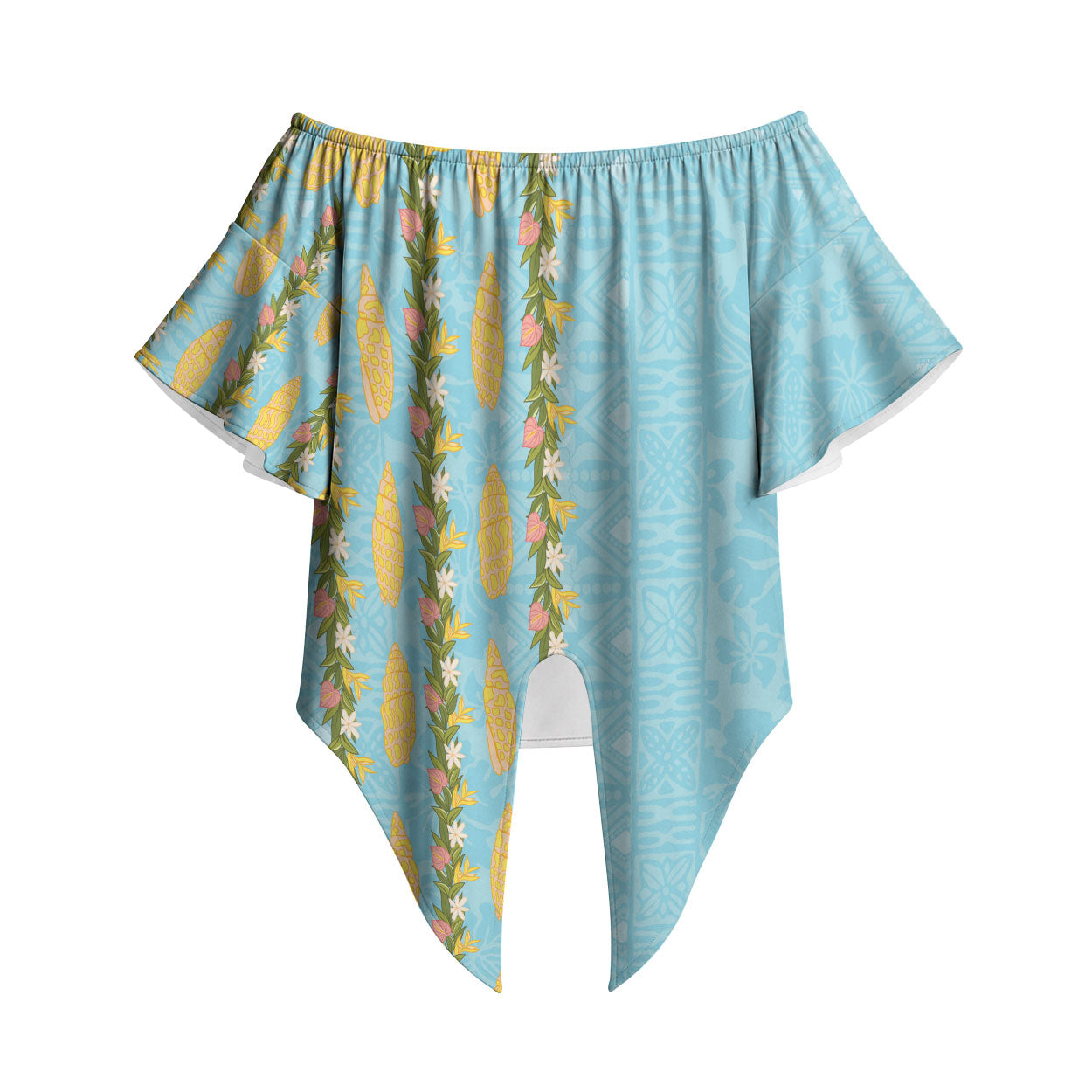 Hawaii Shell Tiare Anthurium Heliconia Lei Off Shoulder Wrap Waist Top With Tapa Pattern Baby Blue LT05 Blue - Polynesian Pride