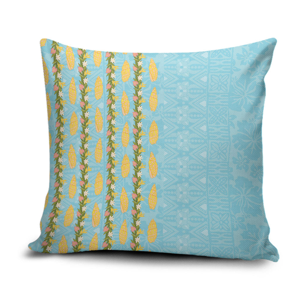 Hawaii Shell Tiare Anthurium Heliconia Lei Pillow Cover With Tapa Pattern Baby Blue LT05 Blue - Polynesian Pride
