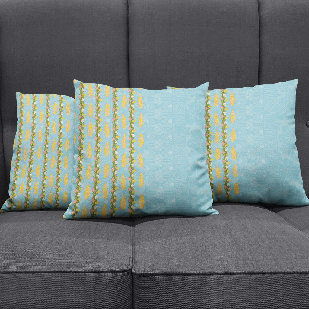 Hawaii Shell Tiare Anthurium Heliconia Lei Pillow Cover With Tapa Pattern Baby Blue