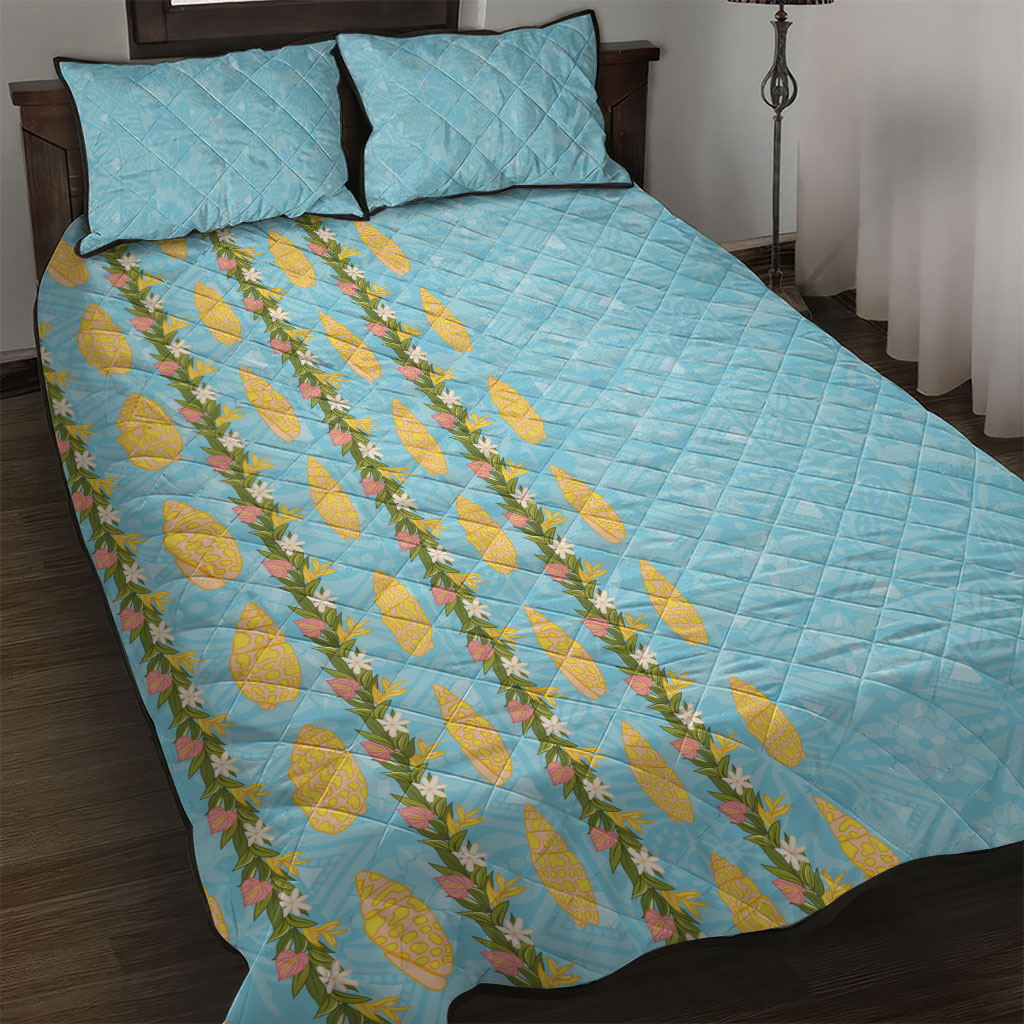 Hawaii Shell Tiare Anthurium Heliconia Lei Quilt Bed Set With Tapa Pattern Baby Blue LT05 Blue - Polynesian Pride