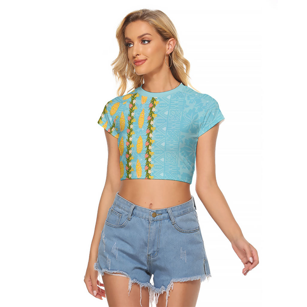 Hawaii Shell Tiare Anthurium Heliconia Lei Raglan Cropped T Shirt With Tapa Pattern Baby Blue LT05 Female Blue - Polynesian Pride