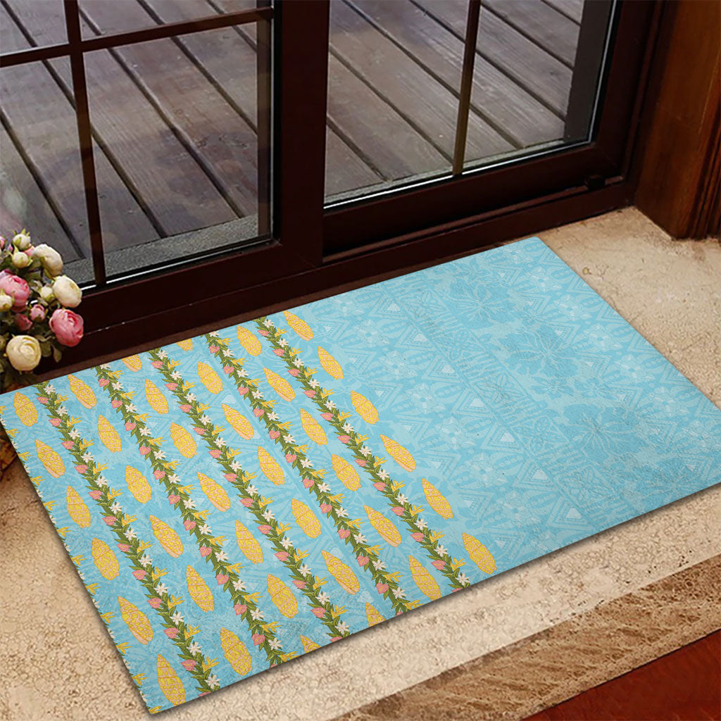 Hawaii Shell Tiare Anthurium Heliconia Lei Rubber Doormat With Tapa Pattern Baby Blue