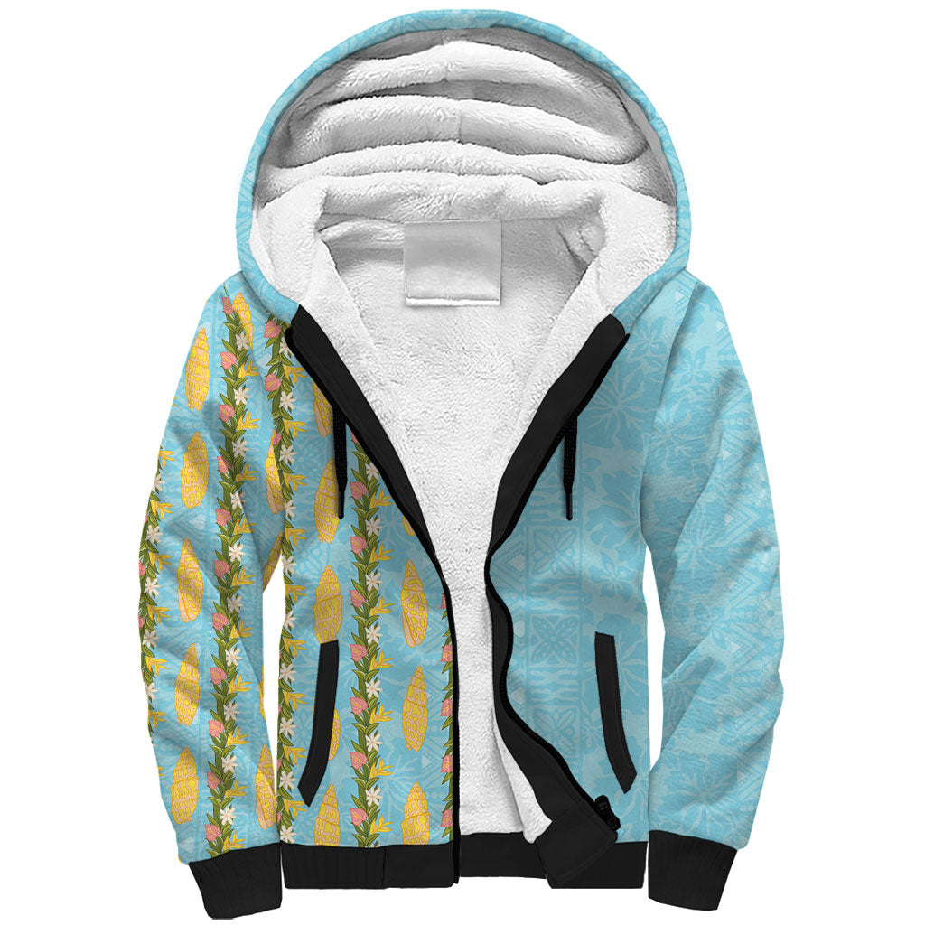 Hawaii Shell Tiare Anthurium Heliconia Lei Sherpa Hoodie With Tapa Pattern Baby Blue LT05 Unisex Blue - Polynesian Pride