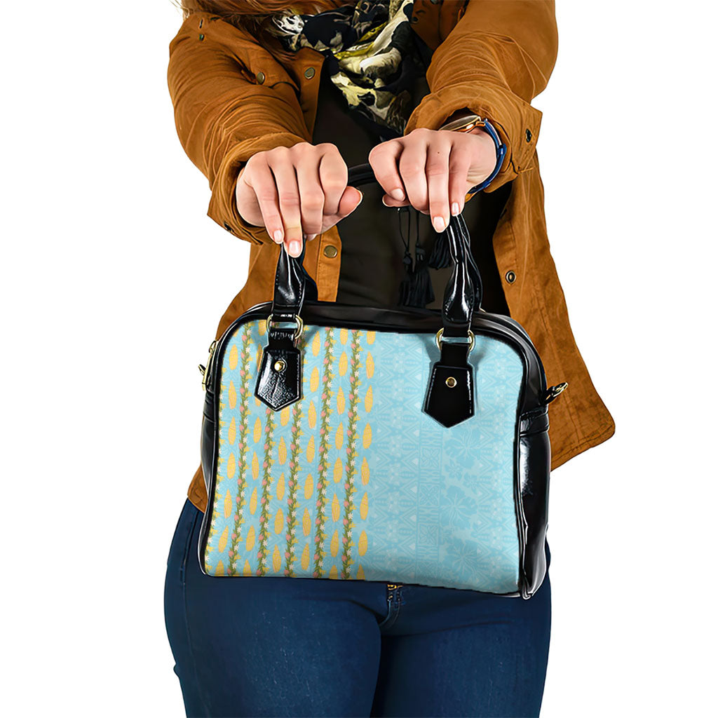 Hawaii Shell Tiare Anthurium Heliconia Lei Shoulder Handbag With Tapa Pattern Baby Blue LT05 One Size Blue - Polynesian Pride