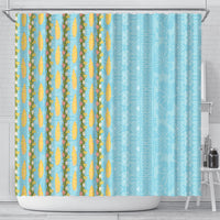 Hawaii Shell Tiare Anthurium Heliconia Lei Shower Curtain With Tapa Pattern Baby Blue