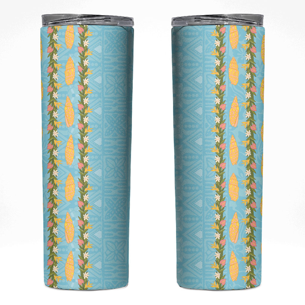 Hawaii Shell Tiare Anthurium Heliconia Lei Skinny Tumbler With Tapa Pattern Baby Blue LT05 Blue - Polynesian Pride