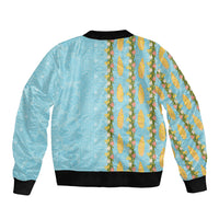Hawaii Shell Tiare Anthurium Heliconia Lei Sleeve Zip Bomber Jacket With Tapa Pattern Baby Blue