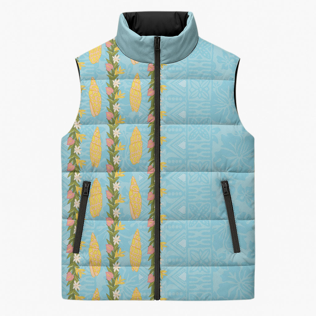 Hawaii Shell Tiare Anthurium Heliconia Lei Sleeveless Puffer Jacket With Tapa Pattern Baby Blue LT05 Unisex Blue - Polynesian Pride