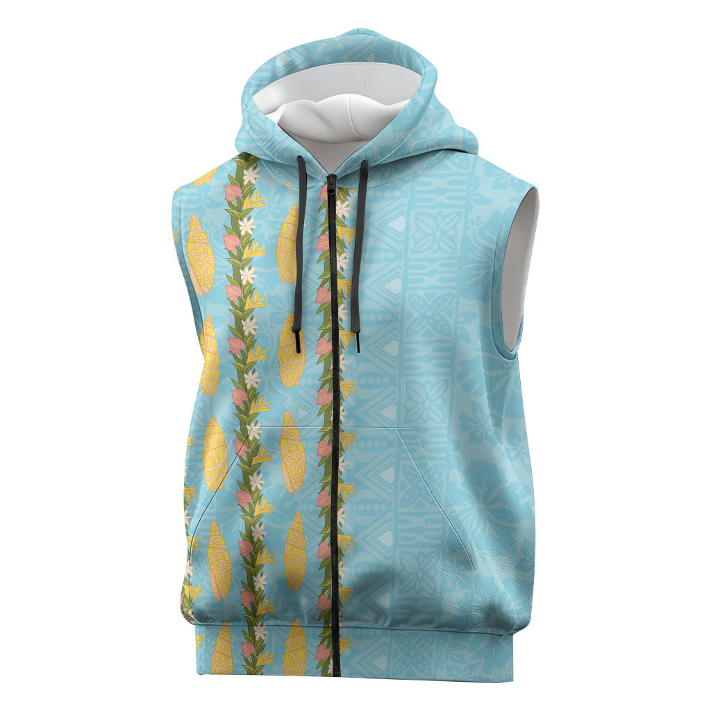 Hawaii Shell Tiare Anthurium Heliconia Lei Sleeveless Zip Hoodie With Tapa Pattern Baby Blue LT05 Blue - Polynesian Pride