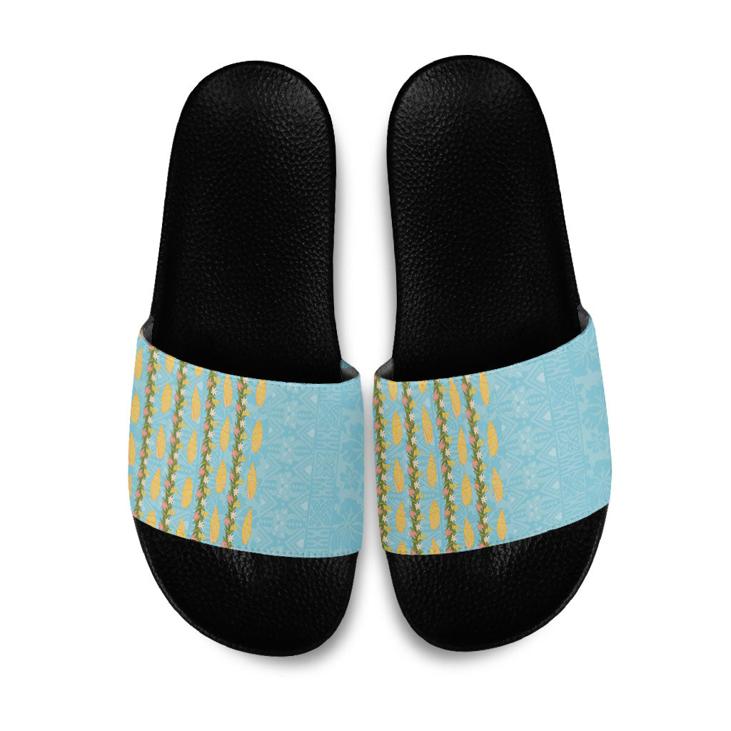 Hawaii Shell Tiare Anthurium Heliconia Lei Slide Sandals With Tapa Pattern Baby Blue LT05 Blue - Polynesian Pride