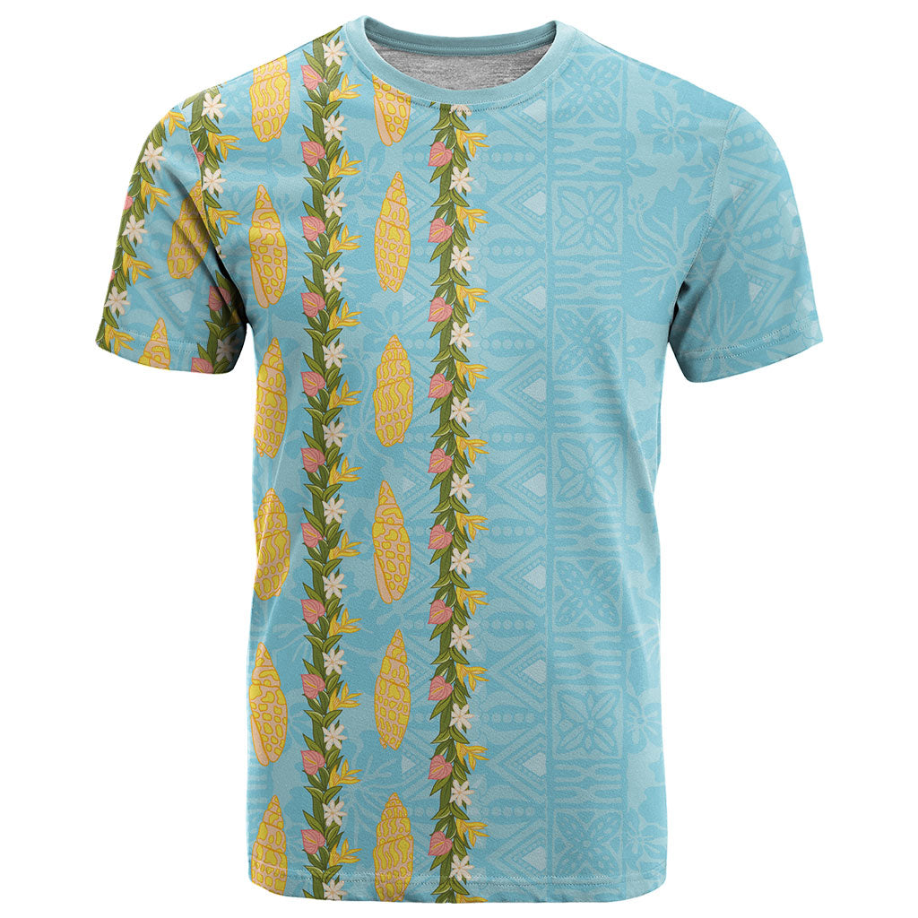 Hawaii Shell Tiare Anthurium Heliconia Lei T Shirt With Tapa Pattern Baby Blue LT05 Blue - Polynesian Pride