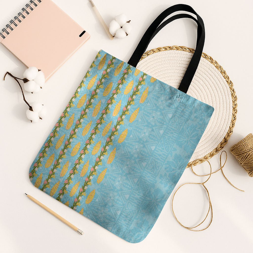 Hawaii Shell Tiare Anthurium Heliconia Lei Tote Bag With Tapa Pattern Baby Blue LT05 Black Strap One Size Blue - Polynesian Pride