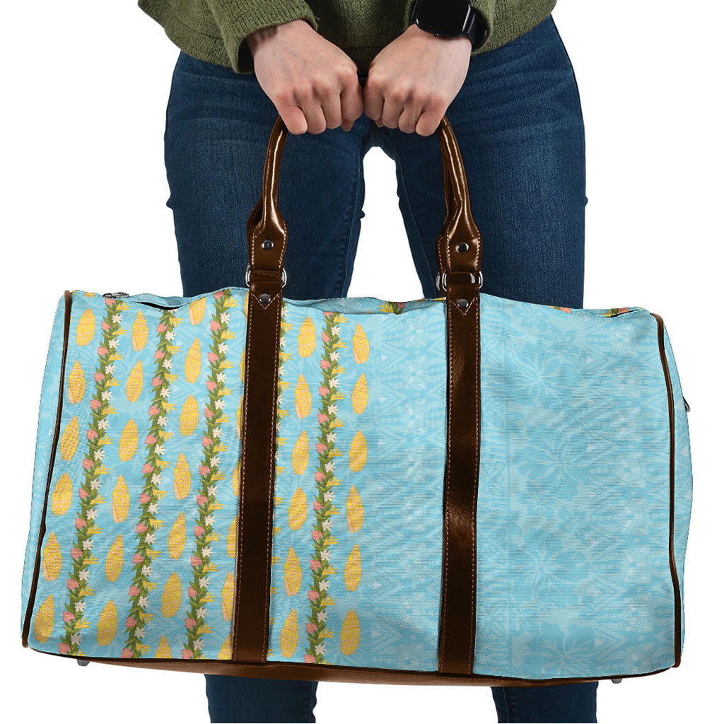 Hawaii Shell Tiare Anthurium Heliconia Lei Travel Bag With Tapa Pattern Baby Blue LT05 Blue - Polynesian Pride
