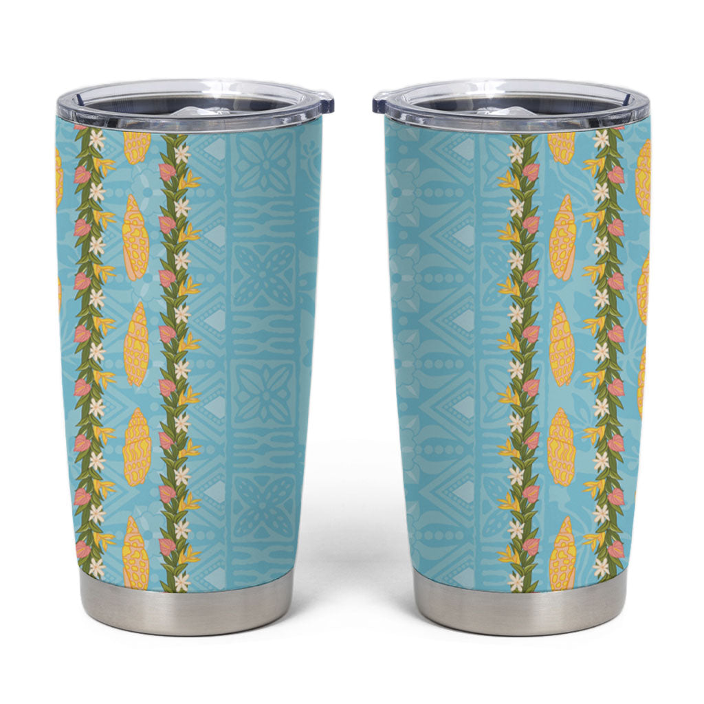 Hawaii Shell Tiare Anthurium Heliconia Lei Tumbler Cup With Tapa Pattern Baby Blue LT05 Blue - Polynesian Pride