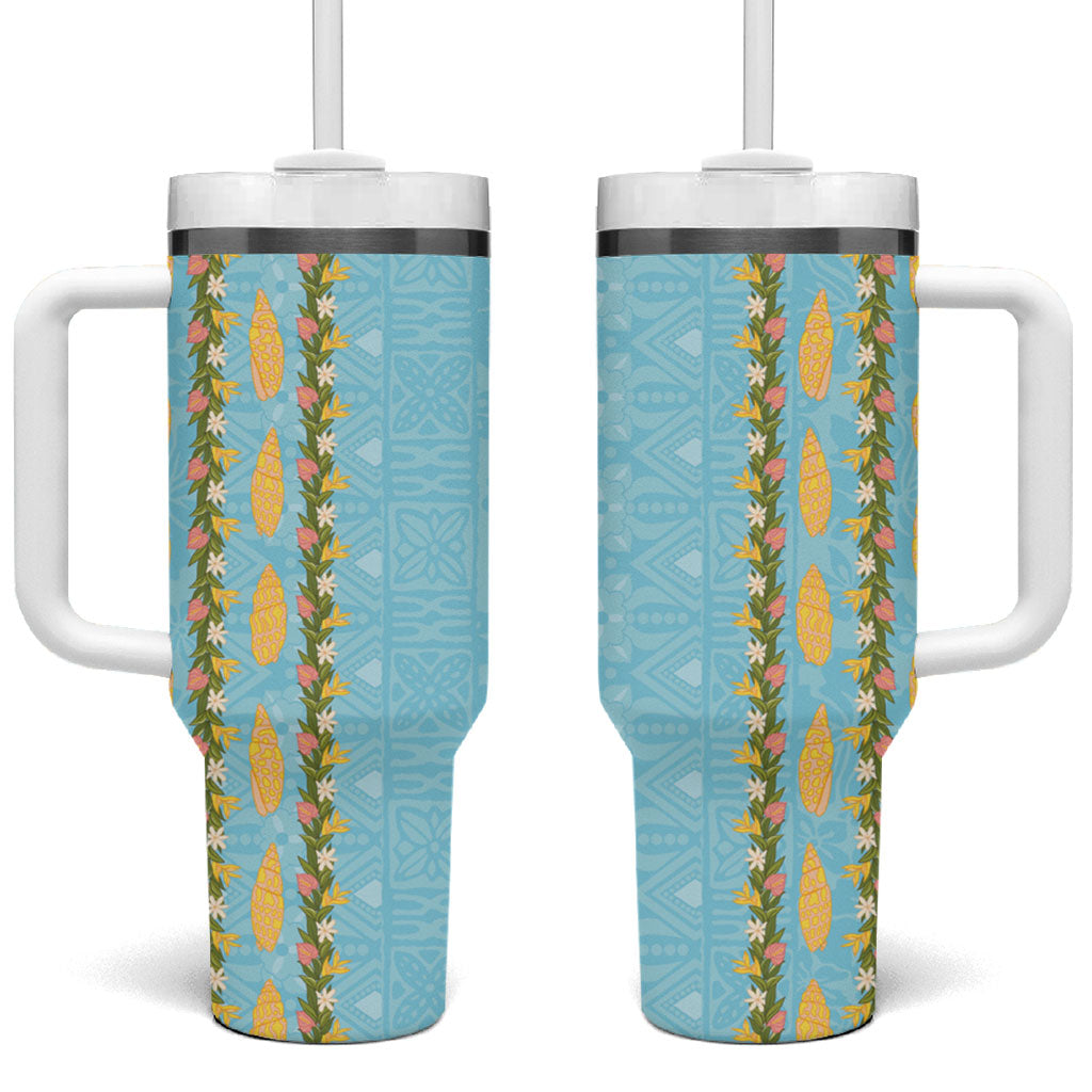 Hawaii Shell Tiare Anthurium Heliconia Lei Tumbler With Handle With Tapa Pattern Baby Blue LT05 One Size: 40 oz Blue - Polynesian Pride
