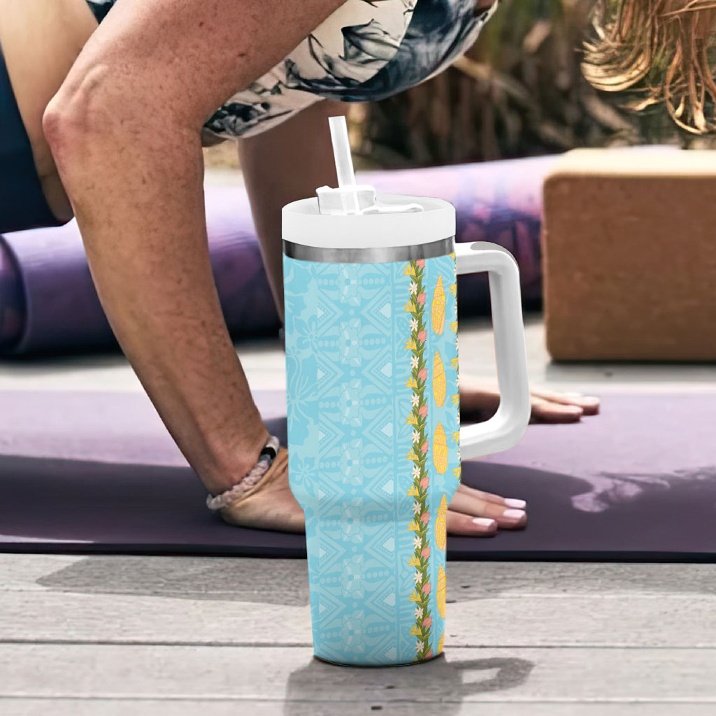 Hawaii Shell Tiare Anthurium Heliconia Lei Tumbler With Handle With Tapa Pattern Baby Blue