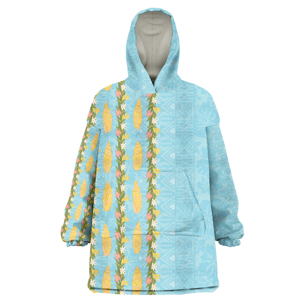Hawaii Shell Tiare Anthurium Heliconia Lei Wearable Blanket Hoodie With Tapa Pattern Baby Blue LT05 One Size Blue - Polynesian Pride