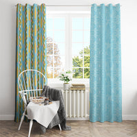 Hawaii Shell Tiare Anthurium Heliconia Lei Window Curtain With Tapa Pattern Baby Blue