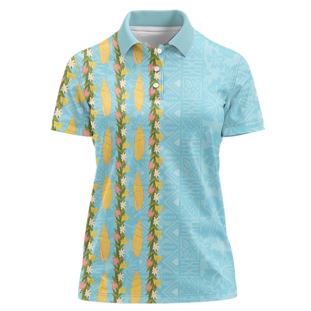 Hawaii Shell Tiare Anthurium Heliconia Lei Women Polo Shirt With Tapa Pattern Baby Blue LT05 Female Blue - Polynesian Pride
