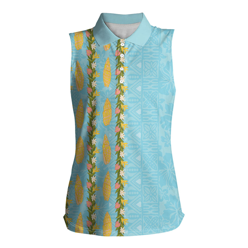 Hawaii Shell Tiare Anthurium Heliconia Lei Women Sleeveless Polo Shirt With Tapa Pattern Baby Blue LT05 Female Blue - Polynesian Pride