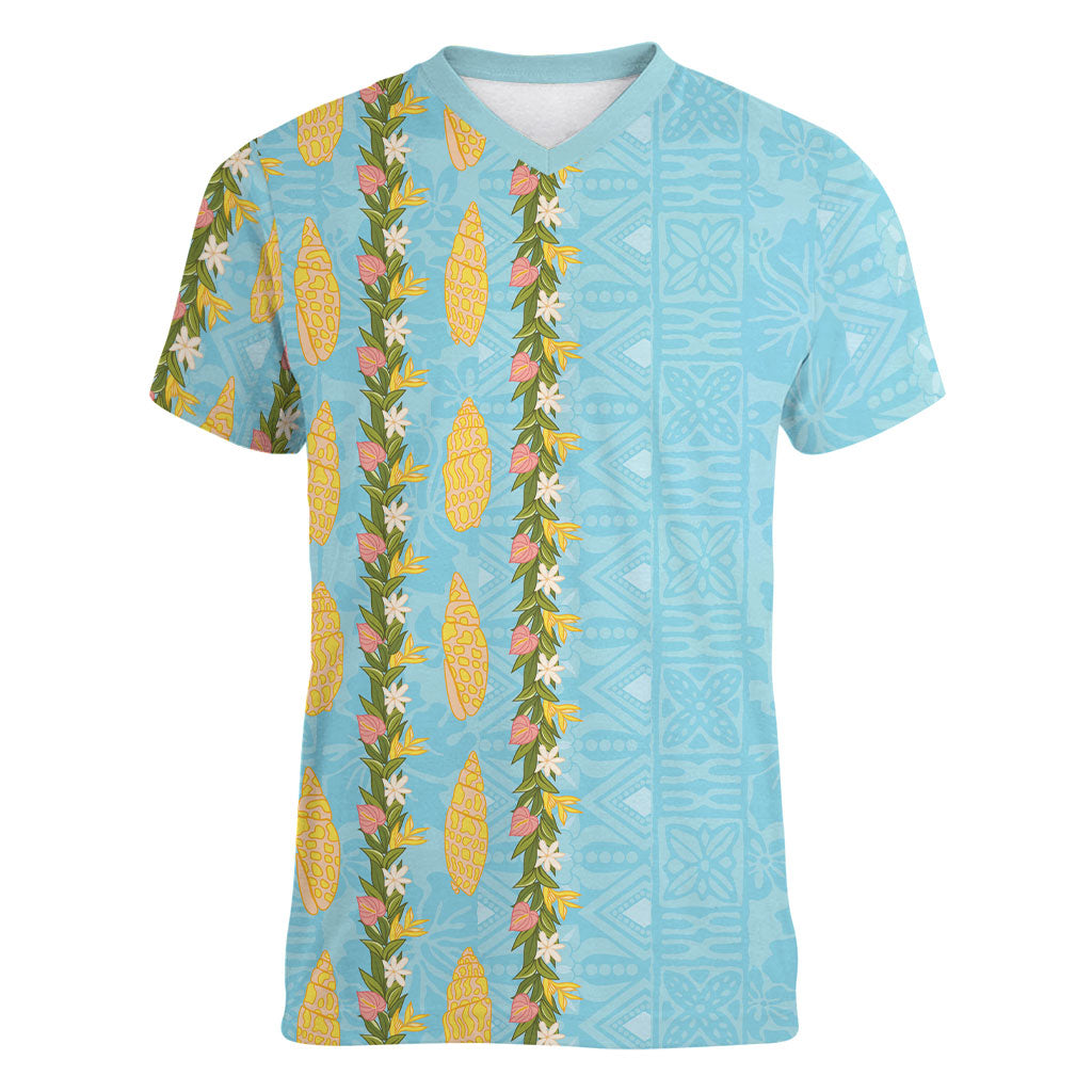 Hawaii Shell Tiare Anthurium Heliconia Lei Women V-Neck T-Shirt With Tapa Pattern Baby Blue LT05 Female Blue - Polynesian Pride
