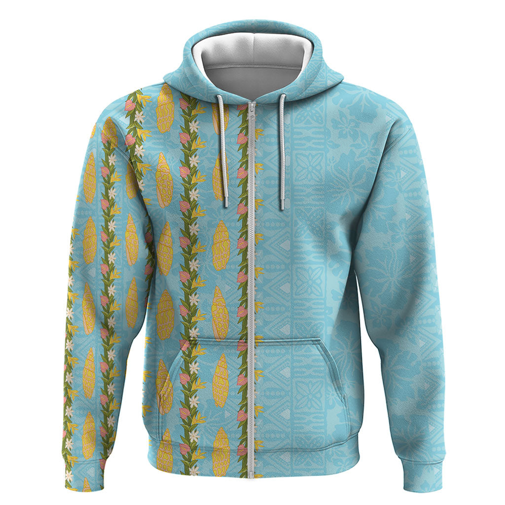 Hawaii Shell Tiare Anthurium Heliconia Lei Zip Hoodie With Tapa Pattern Baby Blue LT05 Zip Hoodie Blue - Polynesian Pride