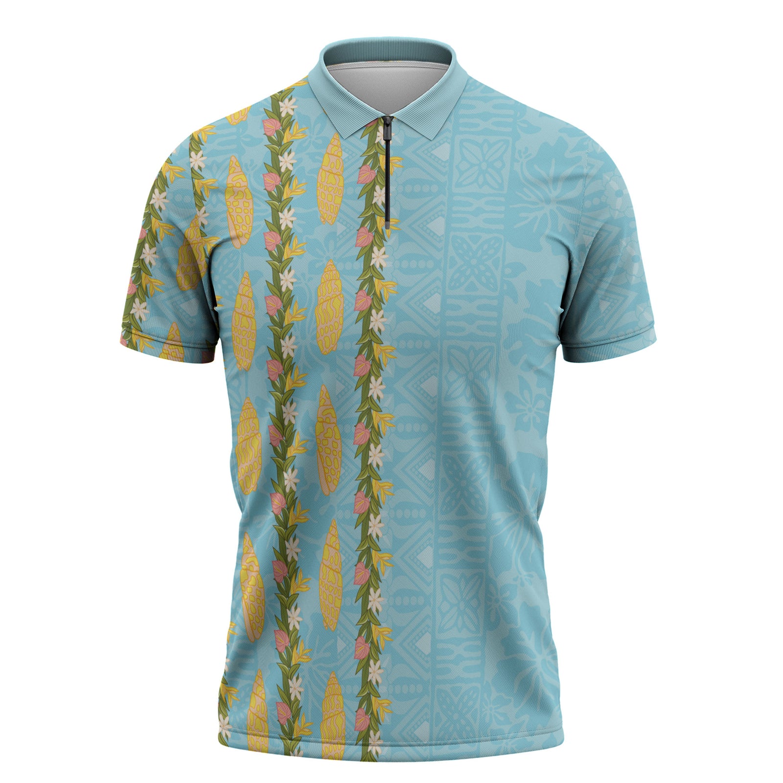 Hawaii Shell Tiare Anthurium Heliconia Lei Zipper Polo Shirt With Tapa Pattern Baby Blue LT05 Blue - Polynesian Pride
