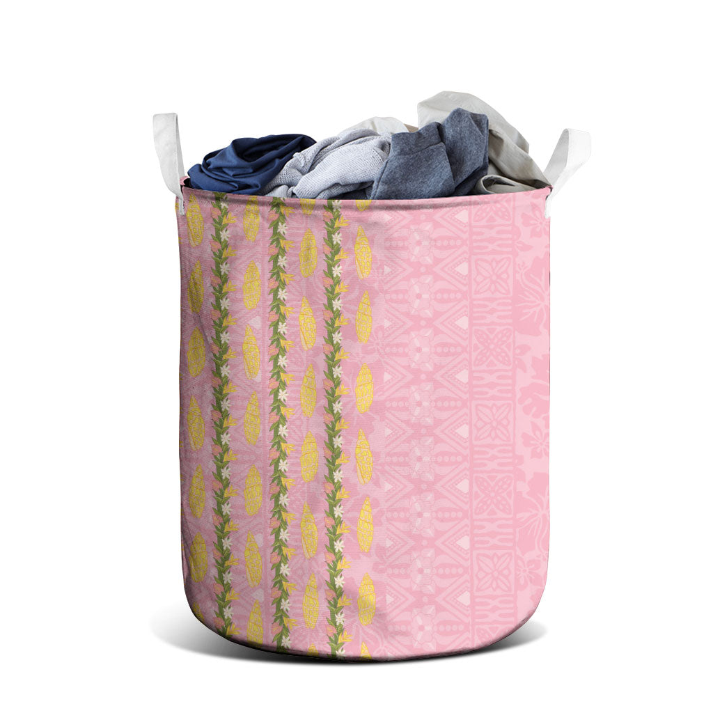 Hawaii Shell Tiare Anthurium Heliconia Lei Laundry Basket With Tapa Pattern Baby Pink