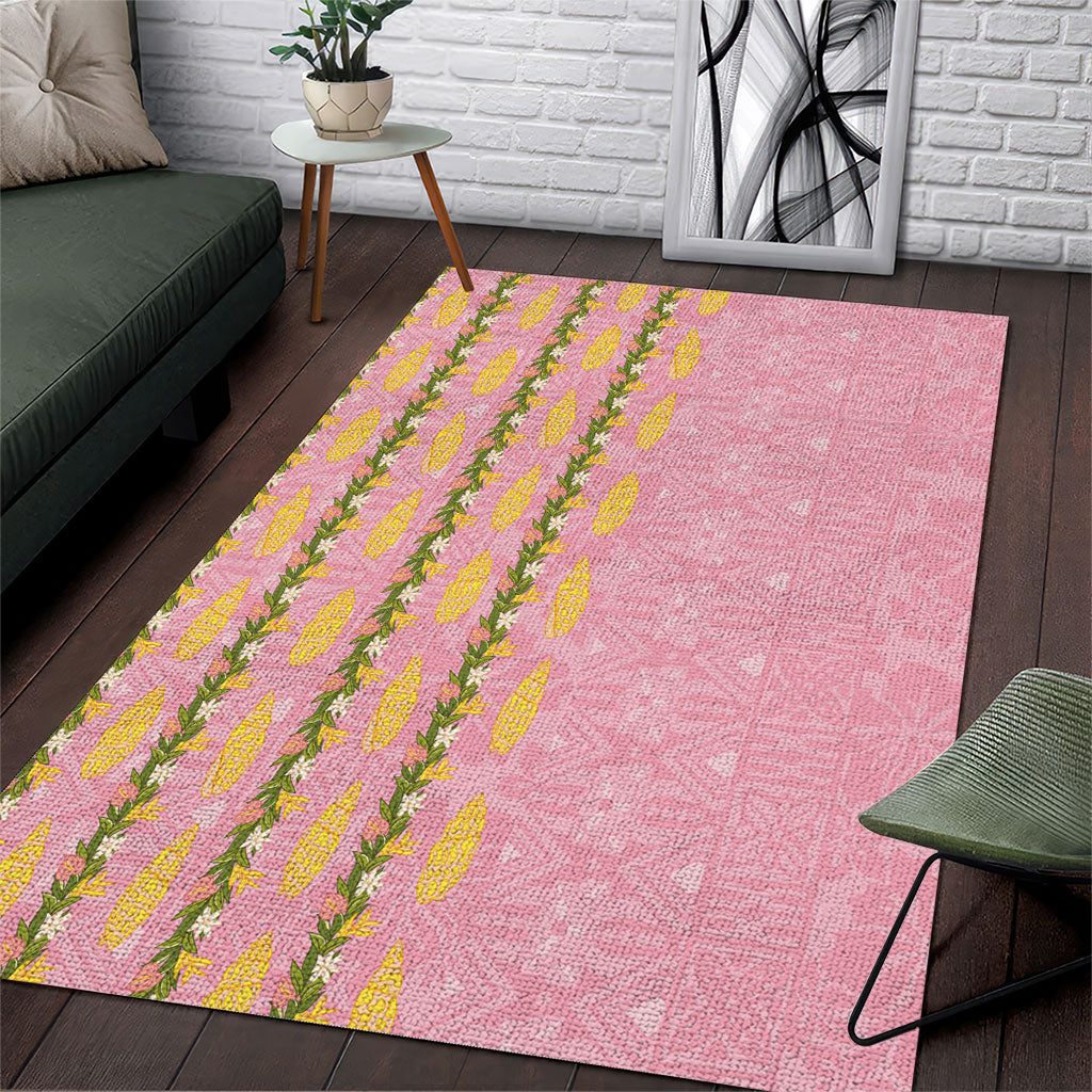 Hawaii Shell Tiare Anthurium Heliconia Lei Area Rug With Tapa Pattern Baby Pink LT05 Pink - Polynesian Pride