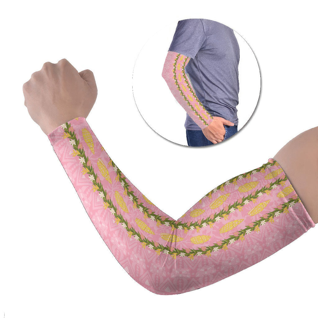 Hawaii Shell Tiare Anthurium Heliconia Lei Arm Sleeves With Tapa Pattern Baby Pink LT05 Set of 2 Pink - Polynesian Pride