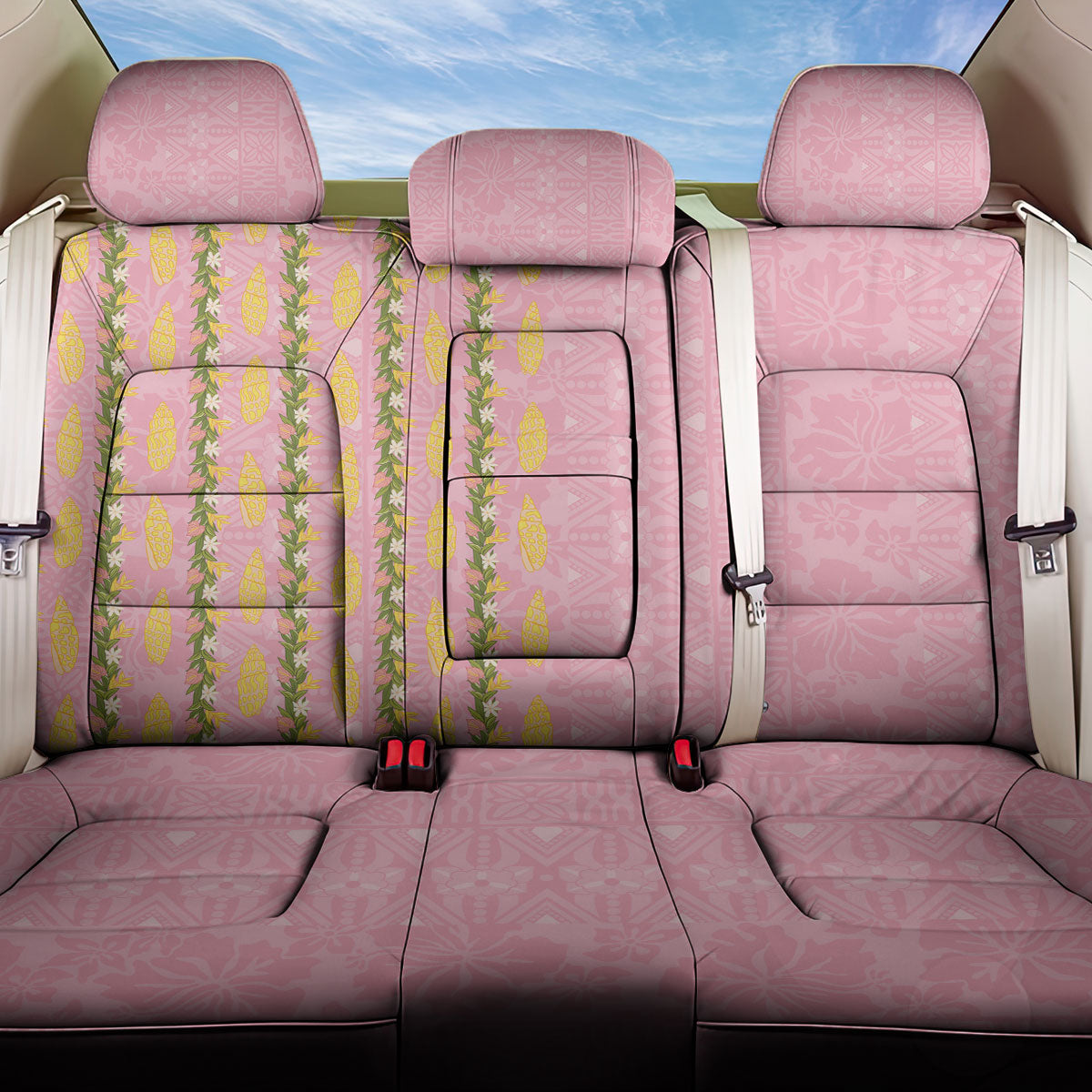Hawaii Shell Tiare Anthurium Heliconia Lei Back Car Seat Cover With Tapa Pattern Baby Pink LT05 One Size Pink - Polynesian Pride