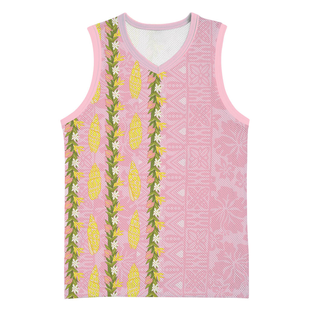 Hawaii Shell Tiare Anthurium Heliconia Lei Basketball Jersey With Tapa Pattern Baby Pink LT05 Unisex Pink - Polynesian Pride